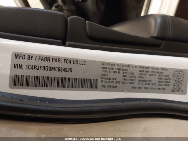Aukcja sprzedaży 2021 Jeep Grand Cherokee Limited X, vin: 1C4RJFBG0MC684926, numer aukcji: 12594255