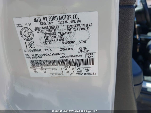 Продажа на аукционе авто 2012 Ford Escape Limited, vin: 1FMCU9EGXCKA68001, номер лота: 12594257