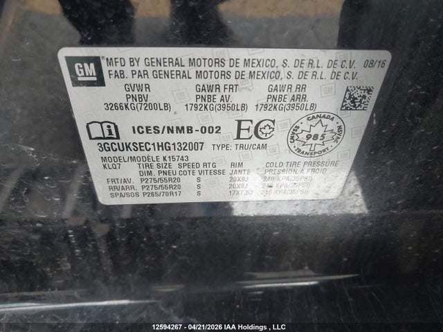 3GCUKSEC1HG132007 Chevrolet Silverado K1500 Ltz