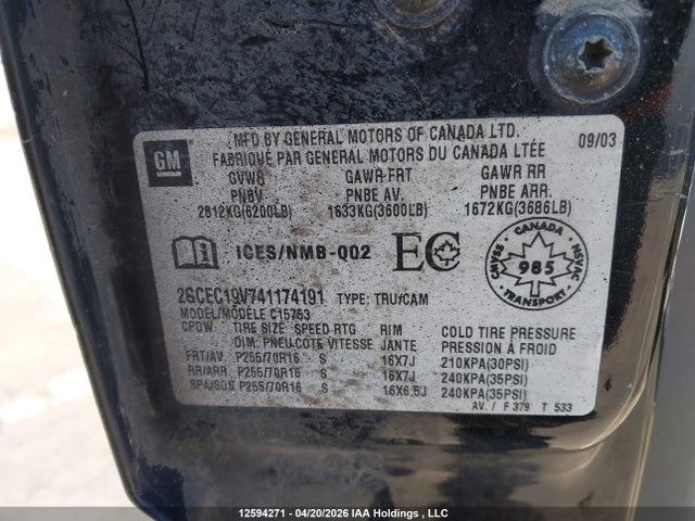 2004 Chevrolet Silverado 1500 Ls მანქანა იყიდება აუქციონზე, vin: 2GCEC19V741174191, აუქციონის ნომერი: 12594271