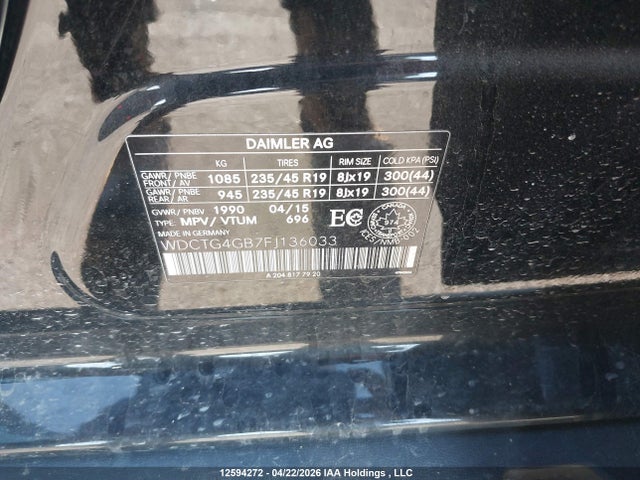 Aukcja sprzedaży 2015 Mercedes-benz Gla 250 4matic, vin: WDCTG4GB7FJ136033, numer aukcji: 12594272