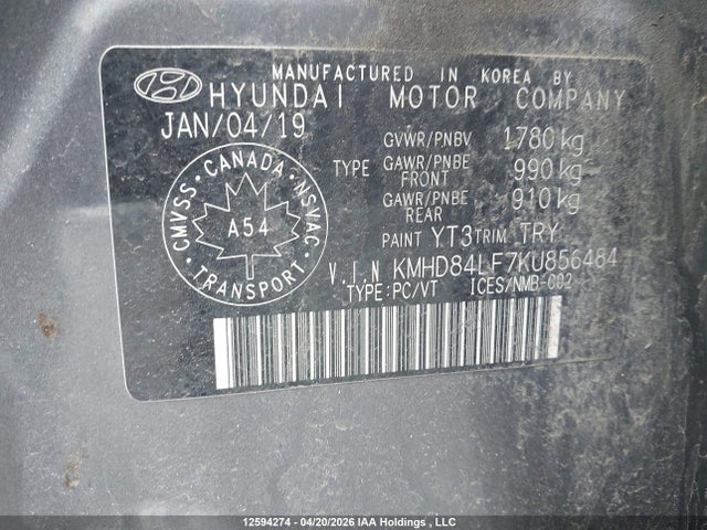 2019 Hyundai Elantra Sel/value/limited მანქანა იყიდება აუქციონზე, vin: KMHD84LF7KU856484, აუქციონის ნომერი: 12594274