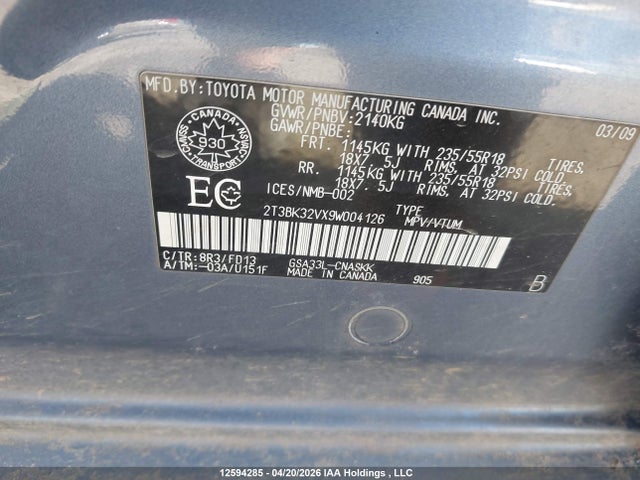 2009 Toyota Rav4 Sport მანქანა იყიდება აუქციონზე, vin: 2T3BK32VX9W004126, აუქციონის ნომერი: 12594285