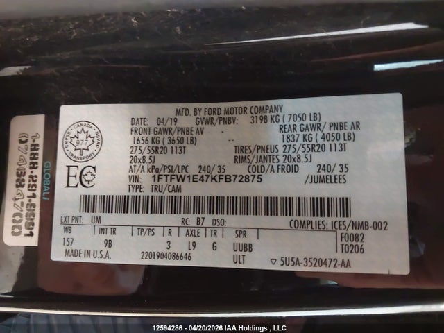 12594286 :رقم المزاد ، 1FTFW1E47KFB72875 vin ، 2019 Ford F150 Supercrew مزاد بيع
