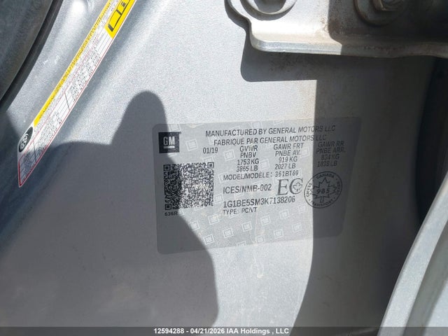 Aukcja sprzedaży 2019 Chevrolet Cruze Lt, vin: 1G1BE5SM3K7138206, numer aukcji: 12594288