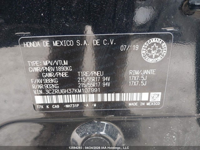 3CZRU6H37KM107991 Honda HR-V LX