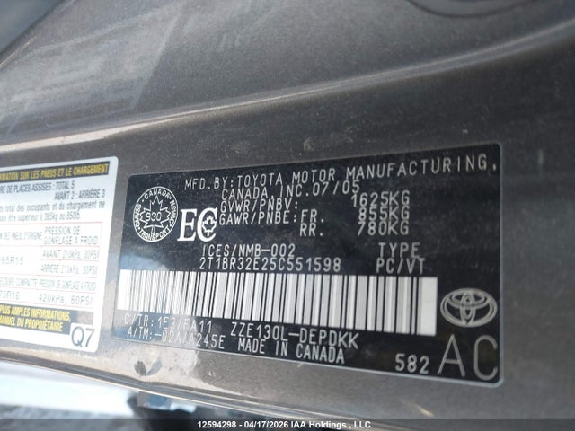 Aukcja sprzedaży 2005 Toyota Corolla Ce/le/s, vin: 2T1BR32E25C551598, numer aukcji: 12594298