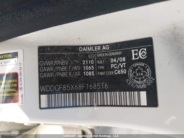Aukcja sprzedaży 2008 Mercedes-benz C-class, vin: WDDGF85X68F168516, numer aukcji: 12594307