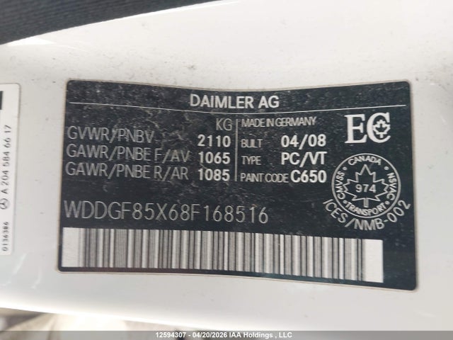 Aukcja sprzedaży 2008 Mercedes-benz C-class, vin: WDDGF85X68F168516, numer aukcji: 12594307