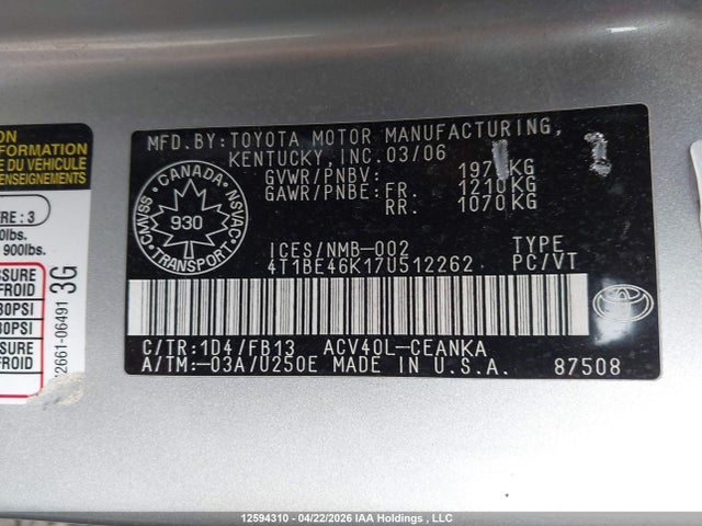 2007 Toyota Camry Le/se მანქანა იყიდება აუქციონზე, vin: 4T1BE46K17U512262, აუქციონის ნომერი: 12594310