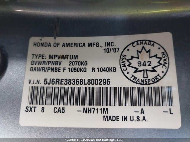 12594311 :رقم المزاد ، 5J6RE38368L800296 vin ، 2008 Honda Cr-v Lx مزاد بيع