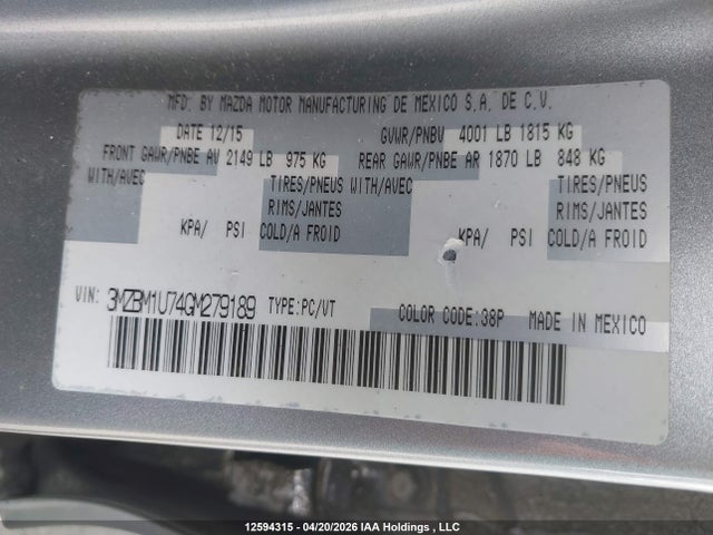 3MZBM1U74GM279189 Mazda Mazda3 G/gx