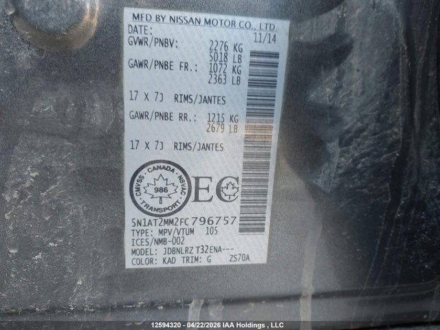 Aukcja sprzedaży 2015 Nissan Rogue S/sl/sv, vin: 5N1AT2MM2FC796757, numer aukcji: 12594320