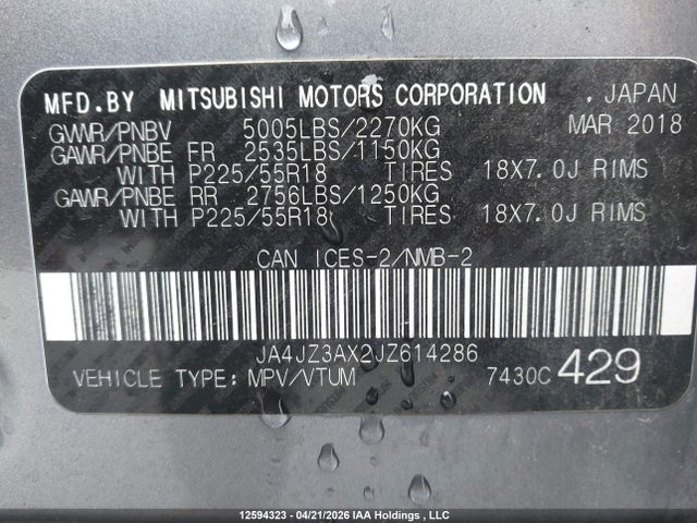 JA4JZ3AX2JZ614286 Mitsubishi Outlander Se/sel