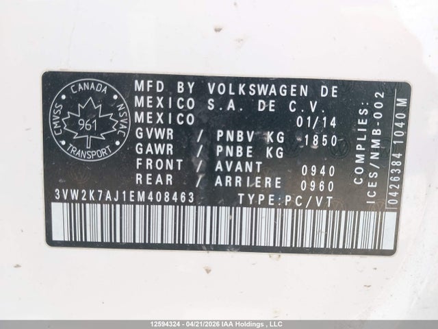 2014 Volkswagen Jetta მანქანა იყიდება აუქციონზე, vin: 3VW2K7AJ1EM408463, აუქციონის ნომერი: 12594324