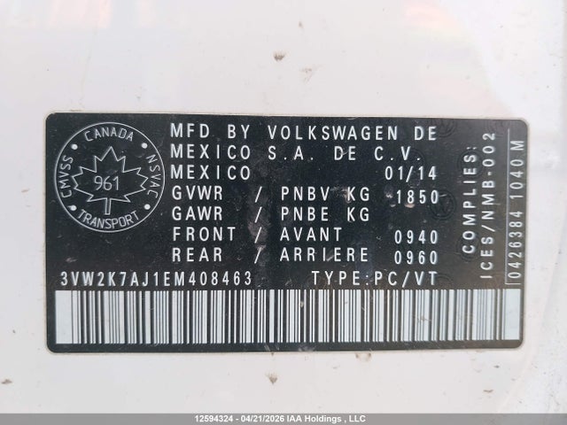 2014 Volkswagen Jetta მანქანა იყიდება აუქციონზე, vin: 3VW2K7AJ1EM408463, აუქციონის ნომერი: 12594324