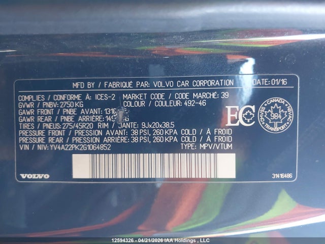 YV4A22PK2G1064852 Volvo XC90 T6