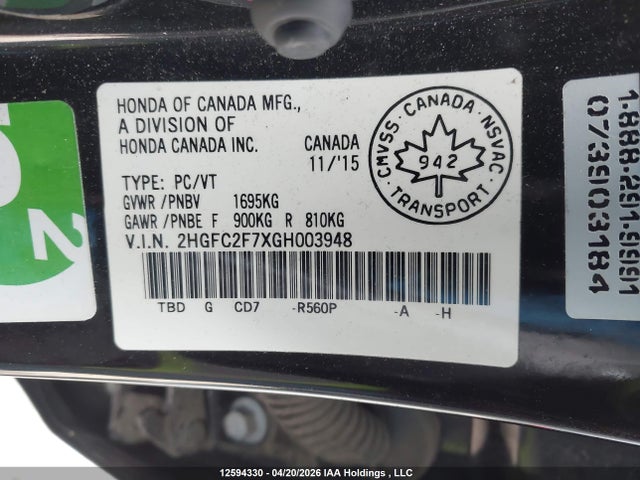 Продаж на аукціоні авто 2016 Honda Civic Ex 4dr, vin: 2HGFC2F7XGH003948, номер лоту: 12594330