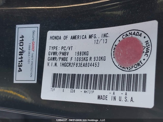 1HGCR2F83EA804453 Honda ACCORD EXL