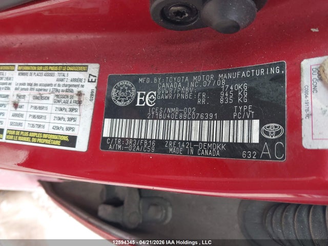 12594345 :رقم المزاد ، 2T1BU40E89C076391 vin ، 2009 Toyota Corolla S/le/xle مزاد بيع