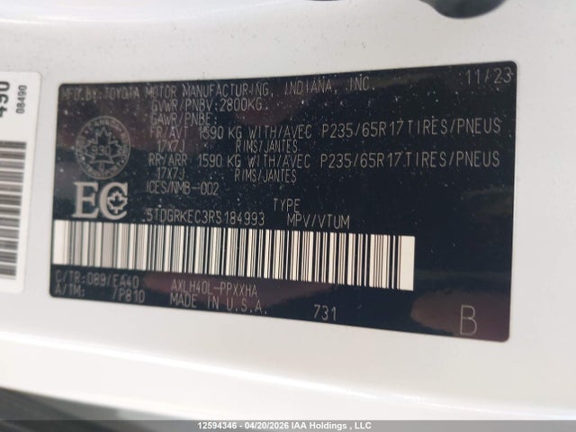 12594346 :رقم المزاد ، 5TDGRKEC3RS184993 vin ، 2024 Toyota Sienna Xle 8-passenger مزاد بيع