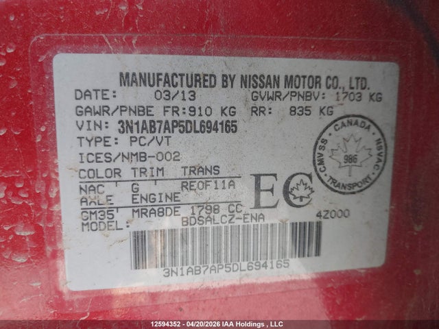 12594352 :رقم المزاد ، 3N1AB7AP5DL694165 vin ، 2013 Nissan Sentra S/sv/sr/sl مزاد بيع