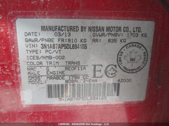 12594352 :رقم المزاد ، 3N1AB7AP5DL694165 vin ، 2013 Nissan Sentra S/sv/sr/sl مزاد بيع