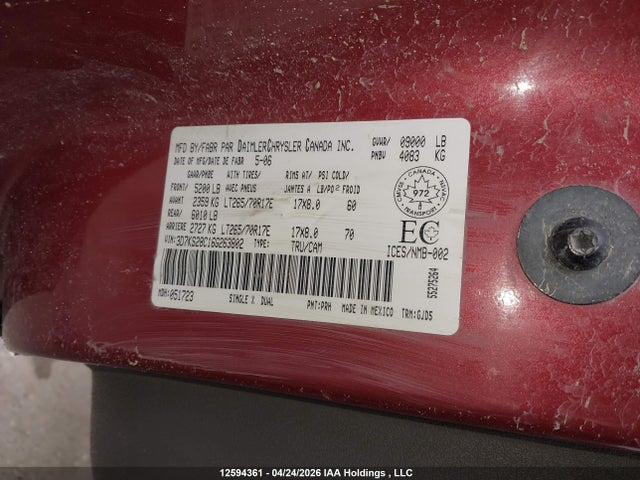 12594361 :رقم المزاد ، 3D7KS28C16G263802 vin ، 2006 Dodge Ram 2500 St/slt/laramie مزاد بيع