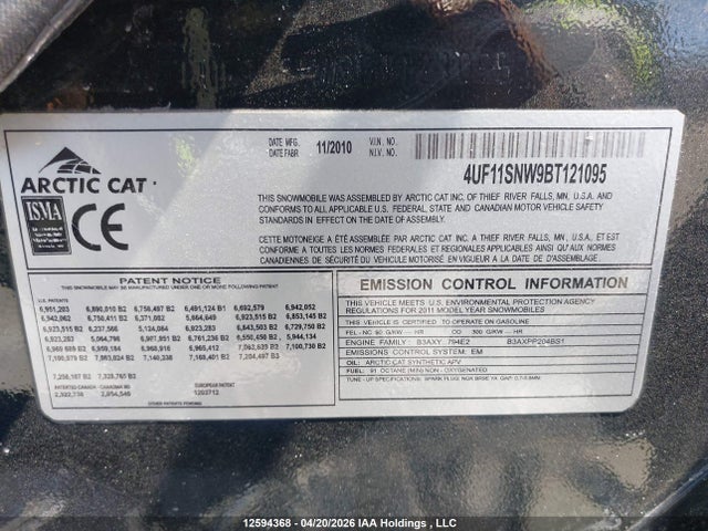 12594368 :رقم المزاد ، 4UF11SNW9BT121095 vin ، 2011 Arctic Cat  مزاد بيع