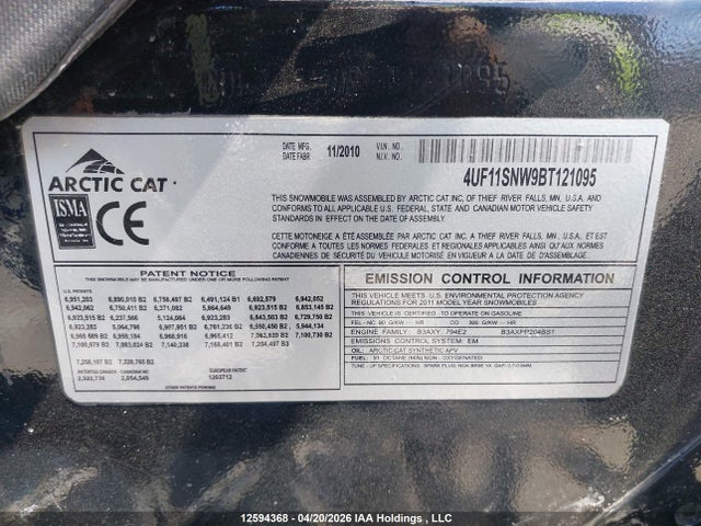 12594368 :رقم المزاد ، 4UF11SNW9BT121095 vin ، 2011 Arctic Cat  مزاد بيع