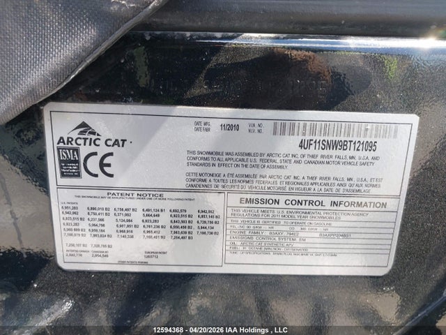 12594368 :رقم المزاد ، 4UF11SNW9BT121095 vin ، 2011 Arctic Cat  مزاد بيع