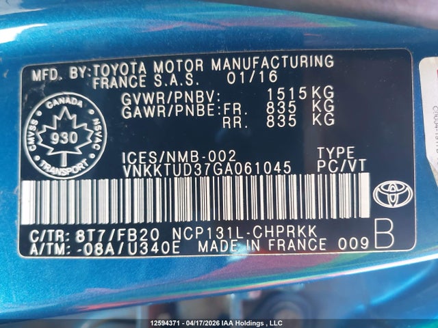 VNKKTUD37GA061045 Toyota Yaris L/le/se