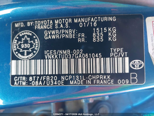 VNKKTUD37GA061045 Toyota Yaris L/le/se