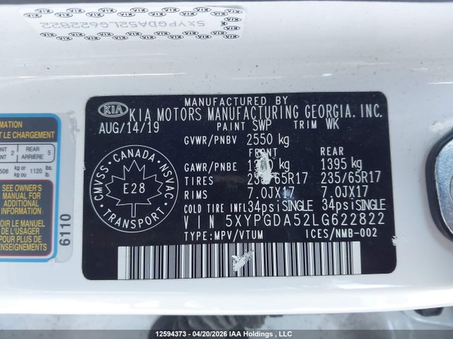 12594373 :رقم المزاد ، 5XYPGDA52LG622822 vin ، 2020 Kia Sorento مزاد بيع