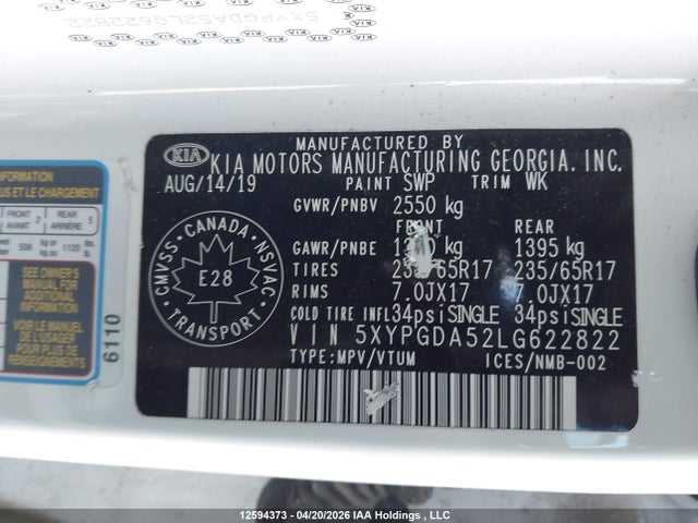 12594373 :رقم المزاد ، 5XYPGDA52LG622822 vin ، 2020 Kia Sorento مزاد بيع