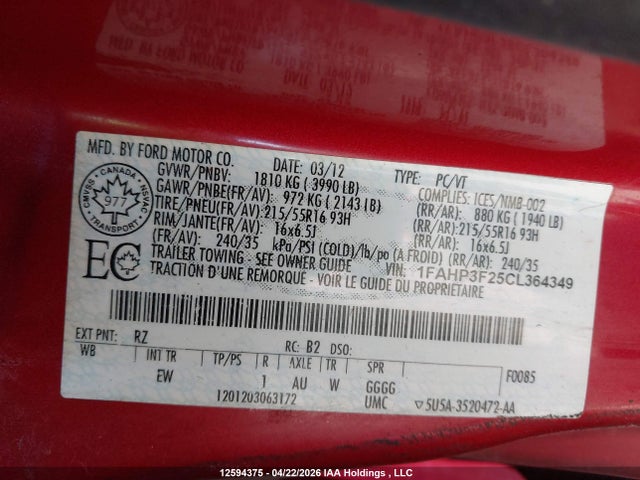 Продажа на аукционе авто 2012 Ford Focus Se, vin: 1FAHP3F25CL364349, номер лота: 12594375