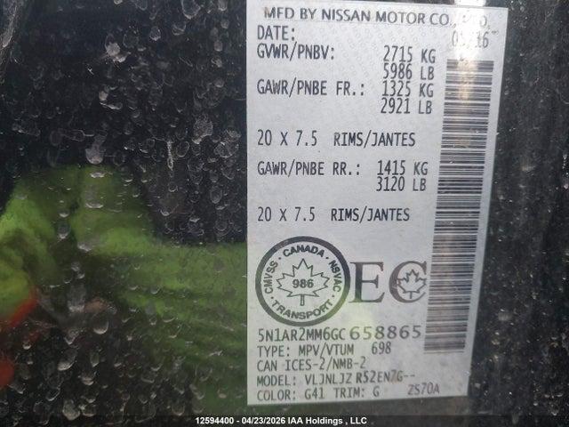 Aukcja sprzedaży 2016 Nissan Pathfinder S/sv/sl/platinum, vin: 5N1AR2MM6GC658865, numer aukcji: 12594400