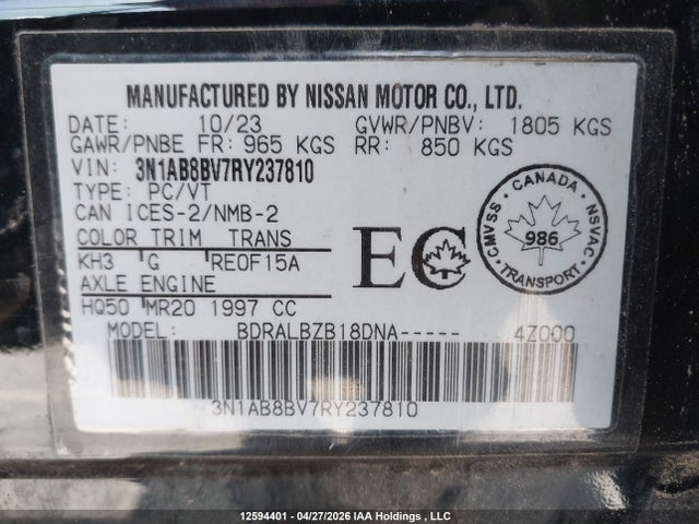 12594401 :رقم المزاد ، 3N1AB8BV7RY237810 vin ، 2024 Nissan Sentra مزاد بيع
