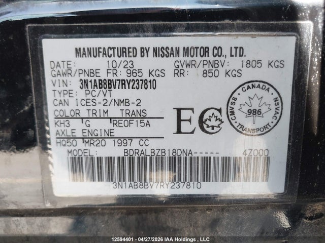12594401 :رقم المزاد ، 3N1AB8BV7RY237810 vin ، 2024 Nissan Sentra مزاد بيع