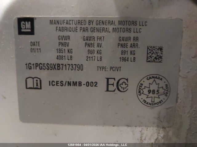 Aukcja sprzedaży 2011 Chevrolet Cruze Lt Turbo, vin: 1G1PG5S9XB7173790, numer aukcji: 12581954