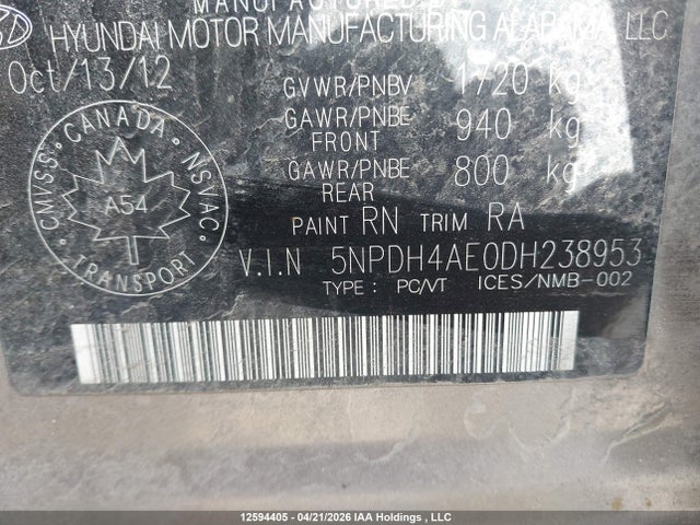 12594405 :رقم المزاد ، 5NPDH4AE0DH238953 vin ، 2013 Hyundai Elantra مزاد بيع