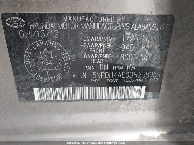 12594405 :رقم المزاد ، 5NPDH4AE0DH238953 vin ، 2013 Hyundai Elantra مزاد بيع