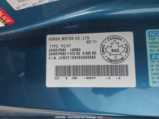 12594406 :رقم المزاد ، JHMZF1D65BS800986 vin ، 2011 Honda Cr-z Ex مزاد بيع