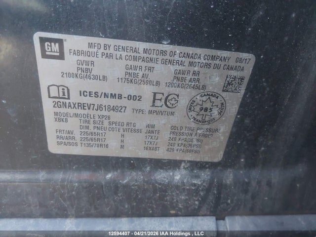 2018 Chevrolet Equinox Ls მანქანა იყიდება აუქციონზე, vin: 2GNAXREV7J6184927, აუქციონის ნომერი: 12594407