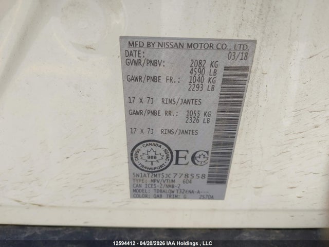 Продаж на аукціоні авто 2018 Nissan Rogue S/sl, vin: 5N1AT2MT5JC778558, номер лоту: 12594412