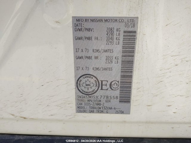 Продаж на аукціоні авто 2018 Nissan Rogue S/sl, vin: 5N1AT2MT5JC778558, номер лоту: 12594412