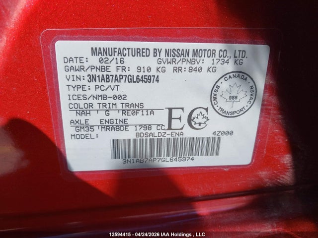 2016 Nissan Sentra მანქანა იყიდება აუქციონზე, vin: 3N1AB7AP7GL645974, აუქციონის ნომერი: 12594415