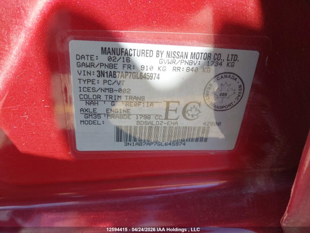 2016 Nissan Sentra მანქანა იყიდება აუქციონზე, vin: 3N1AB7AP7GL645974, აუქციონის ნომერი: 12594415