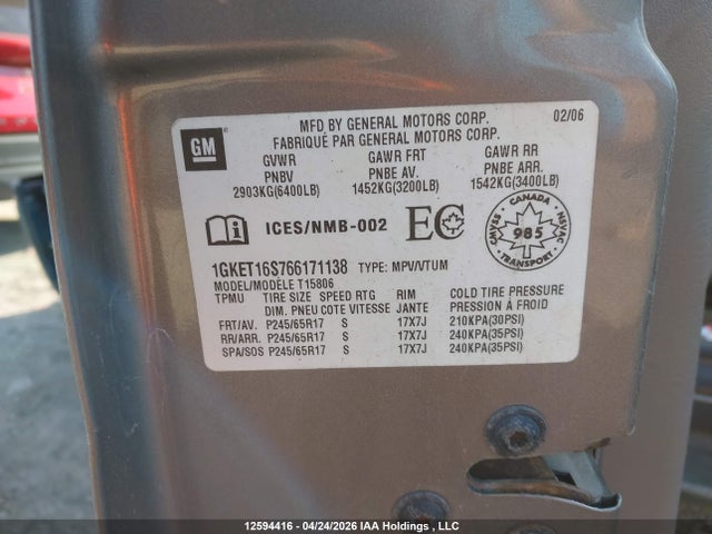 Aukcja sprzedaży 2006 Gmc Envoy Xl, vin: 1GKET16S766171138, numer aukcji: 12594416
