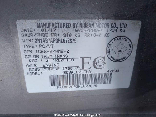 2017 Nissan Sentra S/sv/sr/sl მანქანა იყიდება აუქციონზე, vin: 3N1AB7AP3HL672879, აუქციონის ნომერი: 12594419